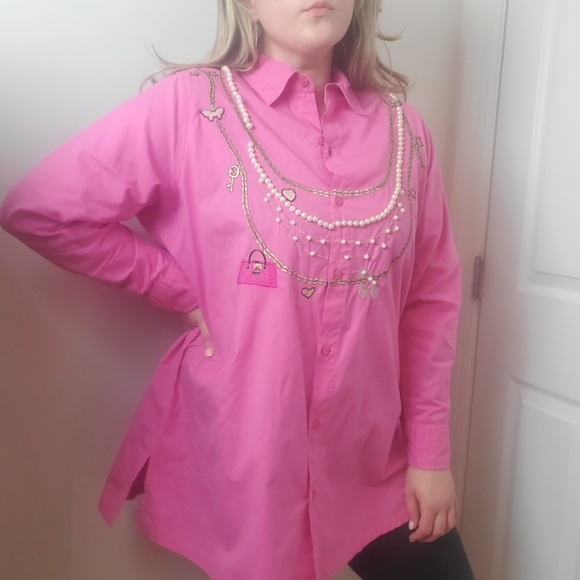 Pink Button Down Blouse with necklaces & beaded embellishments - Picture 1 of 17